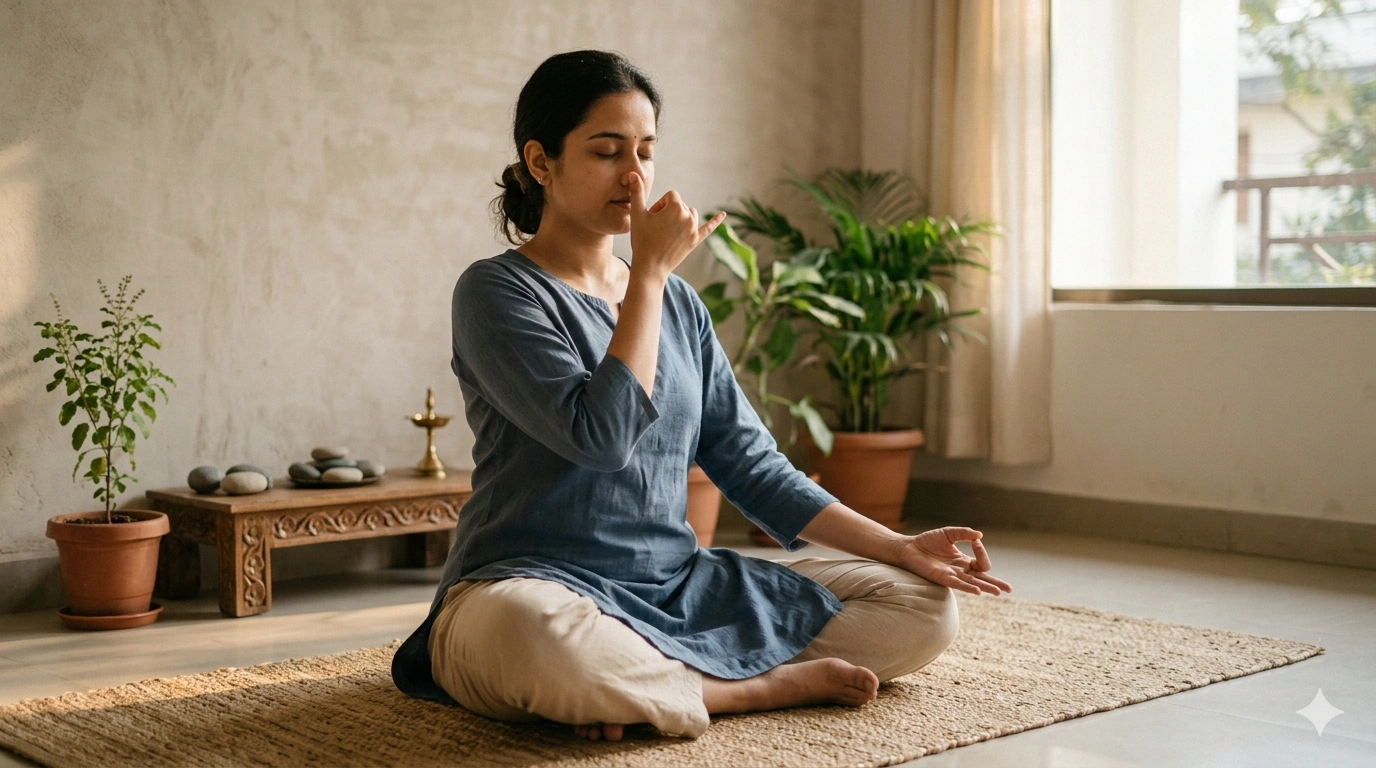 Person practising alternate nostril breathing for anxiety and stress relief.